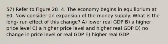 57) Refer to Figure 28- 4. The economy begins in equilibrium at E0. Now consider an expansion of the money supply. What is the long- run effect of this change? A) lower real GDP B) a higher price level C) a higher price level and higher real GDP D) no change in price level or real GDP E) higher real GDP