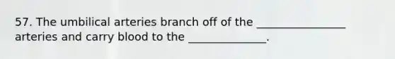 57. The umbilical arteries branch off of the ________________ arteries and carry blood to the ______________.