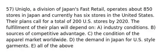 57) Uniqlo, a division of Japan's Fast Retail, operates about 850 stores in Japan and currently has six stores in the United States. Their plans call for a total of 200 U.S. stores by 2020. The fulfillment of their plan will depend on: A) industry conditions. B) sources of competitive advantage. C) the condition of the apparel market worldwide. D) the demand in Japan for U.S. style garments. E) all of the above