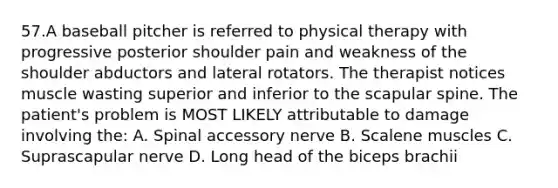 57.A baseball pitcher is referred to physical therapy with progressive posterior shoulder pain and weakness of the shoulder abductors and lateral rotators. The therapist notices muscle wasting superior and inferior to the scapular spine. The patient's problem is MOST LIKELY attributable to damage involving the: A. Spinal accessory nerve B. Scalene muscles C. Suprascapular nerve D. Long head of the biceps brachii