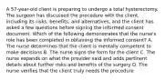 A 57-year-old client is preparing to undergo a total hysterectomy. The surgeon has discussed the procedure with the client, including its risks, benefits, and alternatives, and the client has asked a few questions before signing the informed consent document. Which of the following demonstrates that the nurse's role has been completed in obtaining the informed consent? A. The nurse determines that the client is mentally competent to make decisions B. The nurse signs the form for the client C. The nurse expands on what the provider said and adds pertinent details about further risks and benefits of the surgery D. The nurse verifies that the client truly needs the procedure