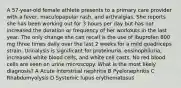 A 57-year-old female athlete presents to a primary care provider with a fever, maculopapular rash, and arthralgias. She reports she has been working out for 3 hours per day but has not increased the duration or frequency of her workouts in the last year. The only change she can recall is the use of ibuprofen 800 mg three times daily over the last 2 weeks for a mild quadriceps strain. Urinalysis is significant for proteinuria, eosinophiluria, increased white blood cells, and white cell casts. No red blood cells are seen on urine microscopy. What is the most likely diagnosis? A Acute interstitial nephritis B Pyelonephritis C Rhabdomyolysis D Systemic lupus erythematosus