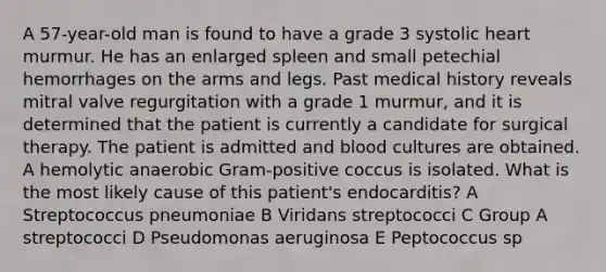 A 57-year-old man is found to have a grade 3 systolic heart murmur. He has an enlarged spleen and small petechial hemorrhages on the arms and legs. Past medical history reveals mitral valve regurgitation with a grade 1 murmur, and it is determined that the patient is currently a candidate for surgical therapy. The patient is admitted and blood cultures are obtained. A hemolytic anaerobic Gram-positive coccus is isolated. What is the most likely cause of this patient's endocarditis? A Streptococcus pneumoniae B Viridans streptococci C Group A streptococci D Pseudomonas aeruginosa E Peptococcus sp