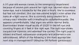 A 57-year-old woman comes to the emergency department because of severe pain around her right eye, blurred vision in the same eye, and a headache for the past 4 hours. She is nauseous but has not vomited. She can see colored bright circles when she looks at a light source. She is currently being treated for a urinary tract infection with trimethoprim-sulfamethoxazole. She appears uncomfortable. Vital signs are within normal limits. Examination shows visual acuity of 20/20 in the left eye and counting fingers at 5 feet in the right eye. The right eye shows conjunctival injection and edemaof the cornea. The right pupil is dilated and fixed. Intravenous analgesia and antiemetics are administered. Which of the following is the most appropriate next step in management? (Atropine OR Perform gonioscopy)