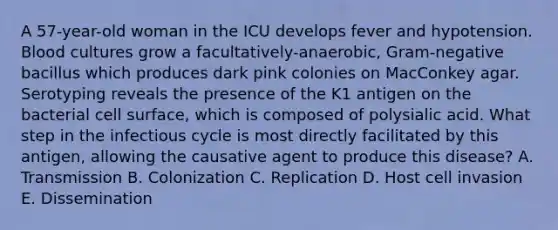 A 57-year-old woman in the ICU develops fever and hypotension. Blood cultures grow a facultatively-anaerobic, Gram-negative bacillus which produces dark pink colonies on MacConkey agar. Serotyping reveals the presence of the K1 antigen on the bacterial cell surface, which is composed of polysialic acid. What step in the infectious cycle is most directly facilitated by this antigen, allowing the causative agent to produce this disease? A. Transmission B. Colonization C. Replication D. Host cell invasion E. Dissemination