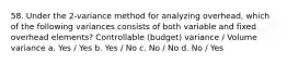 58. Under the 2-variance method for analyzing overhead, which of the following variances consists of both variable and fixed overhead elements? Controllable (budget) variance / Volume variance a. Yes / Yes b. Yes / No c. No / No d. No / Yes