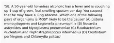 '58. A 50-year-old homeless alcoholic has a fever and is coughing up 1 cup of green, foul-smelling sputum per day. You suspect that he may have a lung abscess. Which one of the following pairs of organisms is MOST likely to be the cause? (A) Listeria monocytogenes and Legionella pneumophila (B) Nocardia asteroides and Mycoplasma pneumoniae (C) Fusobacterium nucleatum and Peptostreptococcus intermedius (D) Clostridium perfringens and Chlamydia psittaci