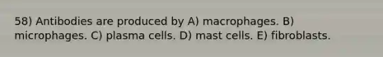 58) Antibodies are produced by A) macrophages. B) microphages. C) plasma cells. D) mast cells. E) fibroblasts.