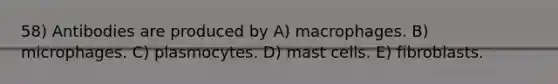 58) Antibodies are produced by A) macrophages. B) microphages. C) plasmocytes. D) mast cells. E) fibroblasts.