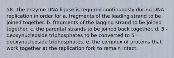 58. The enzyme DNA ligase is required continuously during DNA replication in order for a. fragments of the leading strand to be joined together. b. fragments of the lagging strand to be joined together. c. the parental strands to be joined back together. d. 3ʹ-deoxynucleoside triphosphates to be converted to 5ʹ-deoxynucleoside triphosphates. e. the complex of proteins that work together at the replication fork to remain intact.