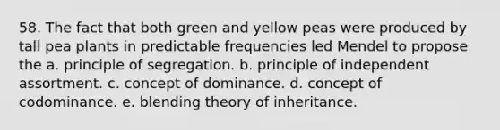 58. The fact that both green and yellow peas were produced by tall pea plants in predictable frequencies led Mendel to propose the a. principle of segregation. b. principle of independent assortment. c. concept of dominance. d. concept of codominance. e. blending theory of inheritance.