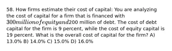 58. How firms estimate their cost of capital: You are analyzing the cost of capital for a firm that is financed with 300 million of equity and200 million of debt. The cost of debt capital for the firm is 9 percent, while the cost of equity capital is 19 percent. What is the overall cost of capital for the firm? A) 13.0% B) 14.0% C) 15.0% D) 16.0%