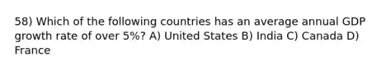 58) Which of the following countries has an average annual GDP growth rate of over 5%? A) United States B) India C) Canada D) France