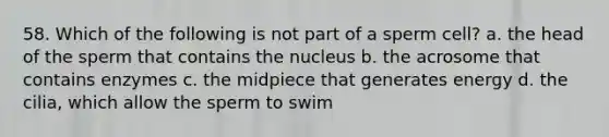 58. Which of the following is not part of a sperm cell? a. the head of the sperm that contains the nucleus b. the acrosome that contains enzymes c. the midpiece that generates energy d. the cilia, which allow the sperm to swim