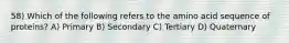 58) Which of the following refers to the amino acid sequence of proteins? A) Primary B) Secondary C) Tertiary D) Quaternary