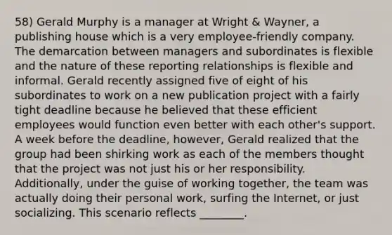 58) Gerald Murphy is a manager at Wright & Wayner, a publishing house which is a very employee-friendly company. The demarcation between managers and subordinates is flexible and the nature of these reporting relationships is flexible and informal. Gerald recently assigned five of eight of his subordinates to work on a new publication project with a fairly tight deadline because he believed that these efficient employees would function even better with each other's support. A week before the deadline, however, Gerald realized that the group had been shirking work as each of the members thought that the project was not just his or her responsibility. Additionally, under the guise of working together, the team was actually doing their personal work, surfing the Internet, or just socializing. This scenario reflects ________.