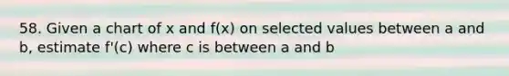 58. Given a chart of x and f(x) on selected values between a and b, estimate f'(c) where c is between a and b