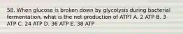 58. When glucose is broken down by glycolysis during bacterial fermentation, what is the net production of ATP? A. 2 ATP B. 3 ATP C. 24 ATP D. 36 ATP E. 38 ATP