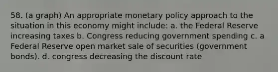 58. (a graph) An appropriate monetary policy approach to the situation in this economy might include: a. the Federal Reserve increasing taxes b. Congress reducing government spending c. a Federal Reserve open market sale of securities (government bonds). d. congress decreasing the discount rate