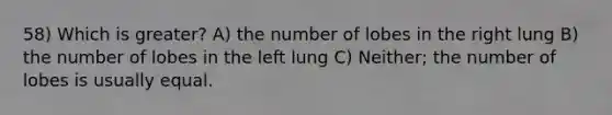 58) Which is greater? A) the number of lobes in the right lung B) the number of lobes in the left lung C) Neither; the number of lobes is usually equal.