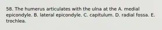 58. The humerus articulates with the ulna at the A. medial epicondyle. B. lateral epicondyle. C. capitulum. D. radial fossa. E. trochlea.