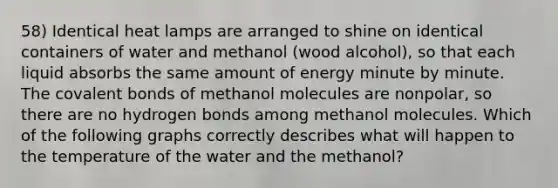 58) Identical heat lamps are arranged to shine on identical containers of water and methanol (wood alcohol), so that each liquid absorbs the same amount of energy minute by minute. The covalent bonds of methanol molecules are nonpolar, so there are no hydrogen bonds among methanol molecules. Which of the following graphs correctly describes what will happen to the temperature of the water and the methanol?