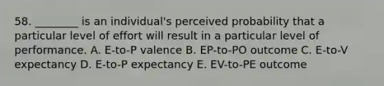 58. ________ is an individual's perceived probability that a particular level of effort will result in a particular level of performance. A. E-to-P valence B. EP-to-PO outcome C. E-to-V expectancy D. E-to-P expectancy E. EV-to-PE outcome