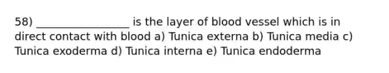 58) _________________ is the layer of blood vessel which is in direct contact with blood a) Tunica externa b) Tunica media c) Tunica exoderma d) Tunica interna e) Tunica endoderma