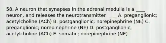 58. A neuron that synapses in the adrenal medulla is a ____ neuron, and releases the neurotransmitter ____ A. preganglionic; acetylcholine (ACh) B. postganglionic; norepinephrine (NE) C. preganglionic; norepinephrine (NE) D. postganglionic; acetylcholine (ACh) E. somatic; norepinephrine (NE)