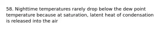 58. Nighttime temperatures rarely drop below the dew point temperature because at saturation, latent heat of condensation is released into the air