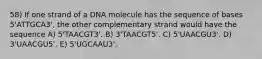 58) If one strand of a DNA molecule has the sequence of bases 5'ATTGCA3', the other complementary strand would have the sequence A) 5'TAACGT3'. B) 3'TAACGT5'. C) 5'UAACGU3'. D) 3'UAACGU5'. E) 5'UGCAAU3'.