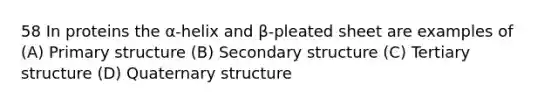 58 In proteins the α-helix and β-pleated sheet are examples of (A) Primary structure (B) Secondary structure (C) Tertiary structure (D) Quaternary structure