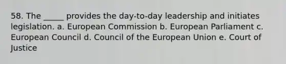 58. The _____ provides the day-to-day leadership and initiates legislation. a. European Commission b. European Parliament c. European Council d. Council of the European Union e. Court of Justice