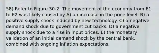 58) Refer to Figure 30-2. The movement of the economy from E1 to E2 was likely caused by A) an increase in the price level. B) a positive supply shock induced by new technology. C) a negative demand shock due to government cut-backs. D) a negative supply shock due to a rise in input prices. E) the monetary validation of an initial demand shock by the central bank, combined with ongoing inflation expectations.