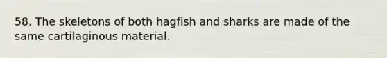 58. The skeletons of both hagfish and sharks are made of the same cartilaginous material.