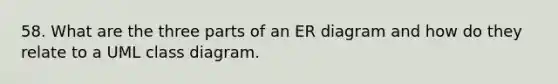 58. What are the three parts of an ER diagram and how do they relate to a UML class diagram.