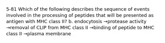 5-81 Which of the following describes the sequence of events involved in the processing of peptides that will be presented as antigen with MHC class II? b. endocytosis →protease activity →removal of CLIP from MHC class II →binding of peptide to MHC class II →plasma membrane