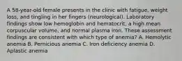 A 58-year-old female presents in the clinic with fatigue, weight loss, and tingling in her fingers (neurological). Laboratory findings show low hemoglobin and hematocrit, a high mean corpuscular volume, and normal plasma iron. These assessment findings are consistent with which type of anemia? A. Hemolytic anemia B. Pernicious anemia C. Iron deficiency anemia D. Aplastic anemia