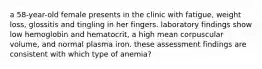 a 58-year-old female presents in the clinic with fatigue, weight loss, glossitis and tingling in her fingers. laboratory findings show low hemoglobin and hematocrit, a high mean corpuscular volume, and normal plasma iron. these assessment findings are consistent with which type of anemia?