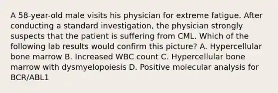 A 58-year-old male visits his physician for extreme fatigue. After conducting a standard investigation, the physician strongly suspects that the patient is suffering from CML. Which of the following lab results would confirm this picture? A. Hypercellular bone marrow B. Increased WBC count C. Hypercellular bone marrow with dysmyelopoiesis D. Positive molecular analysis for BCR/ABL1