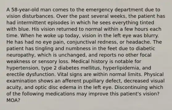 A 58-year-old man comes to the emergency department due to vision disturbances. Over the past several weeks, the patient has had intermittent episodes in which he sees everything tinted with blue. His vision returned to normal within a few hours each time. When he woke up today, vision in the left eye was blurry. He has had no eye pain, conjunctival redness, or headache. The patient has tingling and numbness in the feet due to diabetic neuropathy, which is unchanged, and reports no other focal weakness or sensory loss. Medical history is notable for hypertension, type 2 diabetes mellitus, hyperlipidemia, and erectile dysfunction. Vital signs are within normal limits. Physical examination shows an afferent pupillary defect, decreased visual acuity, and optic disc edema in the left eye. Discontinuing which of the following medications may improve this patient's vision? MOA?