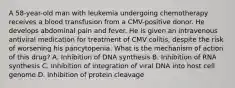 A 58-year-old man with leukemia undergoing chemotherapy receives a blood transfusion from a CMV-positive donor. He develops abdominal pain and fever. He is given an intravenous antiviral medication for treatment of CMV colitis, despite the risk of worsening his pancytopenia. What is the mechanism of action of this drug? A. Inhibition of DNA synthesis B. Inhibition of RNA synthesis C. Inhibition of integration of viral DNA into host cell genome D. Inhibition of protein cleavage