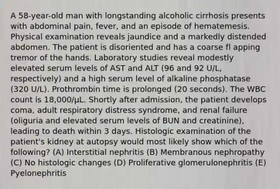 A 58-year-old man with longstanding alcoholic cirrhosis presents with abdominal pain, fever, and an episode of hematemesis. Physical examination reveals jaundice and a markedly distended abdomen. The patient is disoriented and has a coarse fl apping tremor of the hands. Laboratory studies reveal modestly elevated serum levels of AST and ALT (96 and 92 U/L, respectively) and a high serum level of alkaline phosphatase (320 U/L). Prothrombin time is prolonged (20 seconds). The WBC count is 18,000/μL. Shortly after admission, the patient develops coma, adult respiratory distress syndrome, and renal failure (oliguria and elevated serum levels of BUN and creatinine), leading to death within 3 days. Histologic examination of the patient's kidney at autopsy would most likely show which of the following? (A) Interstitial nephritis (B) Membranous nephropathy (C) No histologic changes (D) Proliferative glomerulonephritis (E) Pyelonephritis