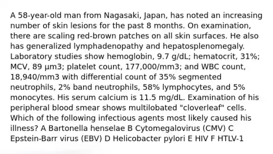 A 58-year-old man from Nagasaki, Japan, has noted an increasing number of skin lesions for the past 8 months. On examination, there are scaling red-brown patches on all skin surfaces. He also has generalized lymphadenopathy and hepatosplenomegaly. Laboratory studies show hemoglobin, 9.7 g/dL; hematocrit, 31%; MCV, 89 μm3; platelet count, 177,000/mm3; and WBC count, 18,940/mm3 with differential count of 35% segmented neutrophils, 2% band neutrophils, 58% lymphocytes, and 5% monocytes. His serum calcium is 11.5 mg/dL. Examination of his peripheral blood smear shows multilobated "cloverleaf" cells. Which of the following infectious agents most likely caused his illness? A Bartonella henselae B Cytomegalovirus (CMV) C Epstein-Barr virus (EBV) D Helicobacter pylori E HIV F HTLV-1