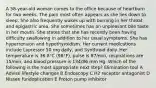 A 58-year-old woman comes to the office because of heartburn for two weeks. The pain most often appears as she lies down to sleep. She also frequently wakes up with burning in her throat and epigastric area. She sometimes has an unpleasant bile taste in her mouth. She states that she has recently been having difficulty swallowing in addition to her usual symptoms. She has hypertension and hypothyroidism. Her current medications include Lopressor 50 mg daily, and Synthroid daily. Her temperature is 36.8°C (98°F), pulse is 87/min, respirations are 15/min, and blood pressure is 134/86 mm Hg. Which of the following is the most appropriate next step? Elimination tool A Advise lifestyle changes B Endoscopy C H2 receptor antagonist D Nissen fundoplication E Proton pump inhibitor