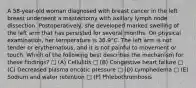 A 58-year-old woman diagnosed with breast cancer in the left breast underwent a mastectomy with axillary lymph node dissection. Postoperatively, she developed marked swelling of the left arm that has persisted for several months. On physical examination, her temperature is 36.9°C. The left arm is not tender or erythematous, and it is not painful to movement or touch. Which of the following best describes the mechanism for these findings? □ (A) Cellulitis □ (B) Congestive heart failure □ (C) Decreased plasma oncotic pressure □ (D) Lymphedema □ (E) Sodium and water retention □ (F) Phlebothrombosis