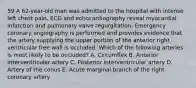 59 A 62-year-old man was admitted to the hospital with intense left chest pain. ECG and echocardiography reveal myocardial infarction and pulmonary valve regurgitation. Emergency coronary angiography is performed and provides evidence that the artery supplying the upper portion of the anterior right ventricular free wall is occluded. Which of the following arteries is most likely to be occluded? A. Circumflex B. Anterior interventricular artery C. Posterior interventricular artery D. Artery of the conus E. Acute marginal branch of the right coronary artery