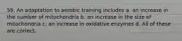 59. An adaptation to aerobic training includes a. an increase in the number of mitochondria b. an increase in the size of mitochondria c. an increase in oxidative enzymes d. All of these are correct.