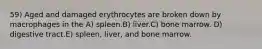 59) Aged and damaged erythrocytes are broken down by macrophages in the A) spleen.B) liver.C) bone marrow. D) digestive tract.E) spleen, liver, and bone marrow.