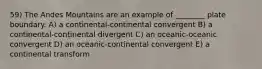 59) The Andes Mountains are an example of ________ plate boundary. A) a continental-continental convergent B) a continental-continental divergent C) an oceanic-oceanic convergent D) an oceanic-continental convergent E) a continental transform